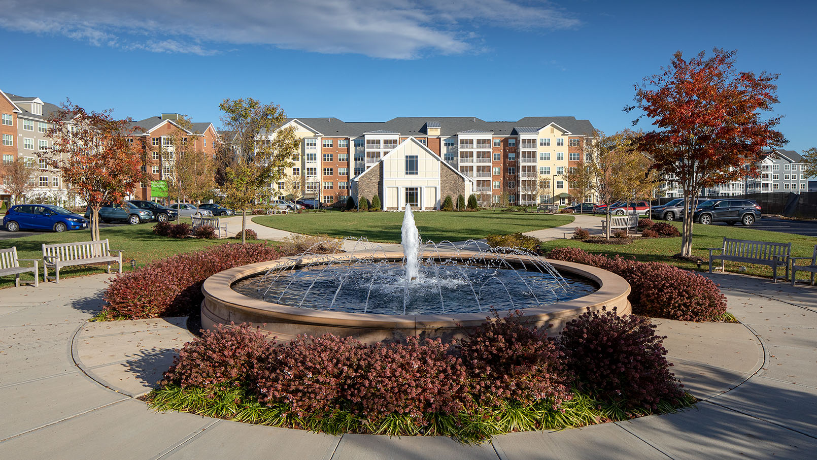 Fountain in front of Ashby Ponds community.