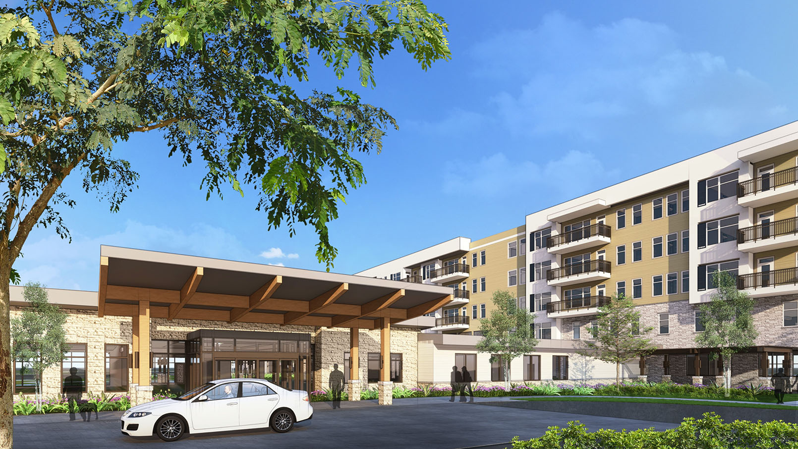Conceptual rendering of a main entrance of an Erickson Senior Living community in Roseville, California, featuring modern architecture, covered drive-up area, and landscaped surroundings on a sunny day.