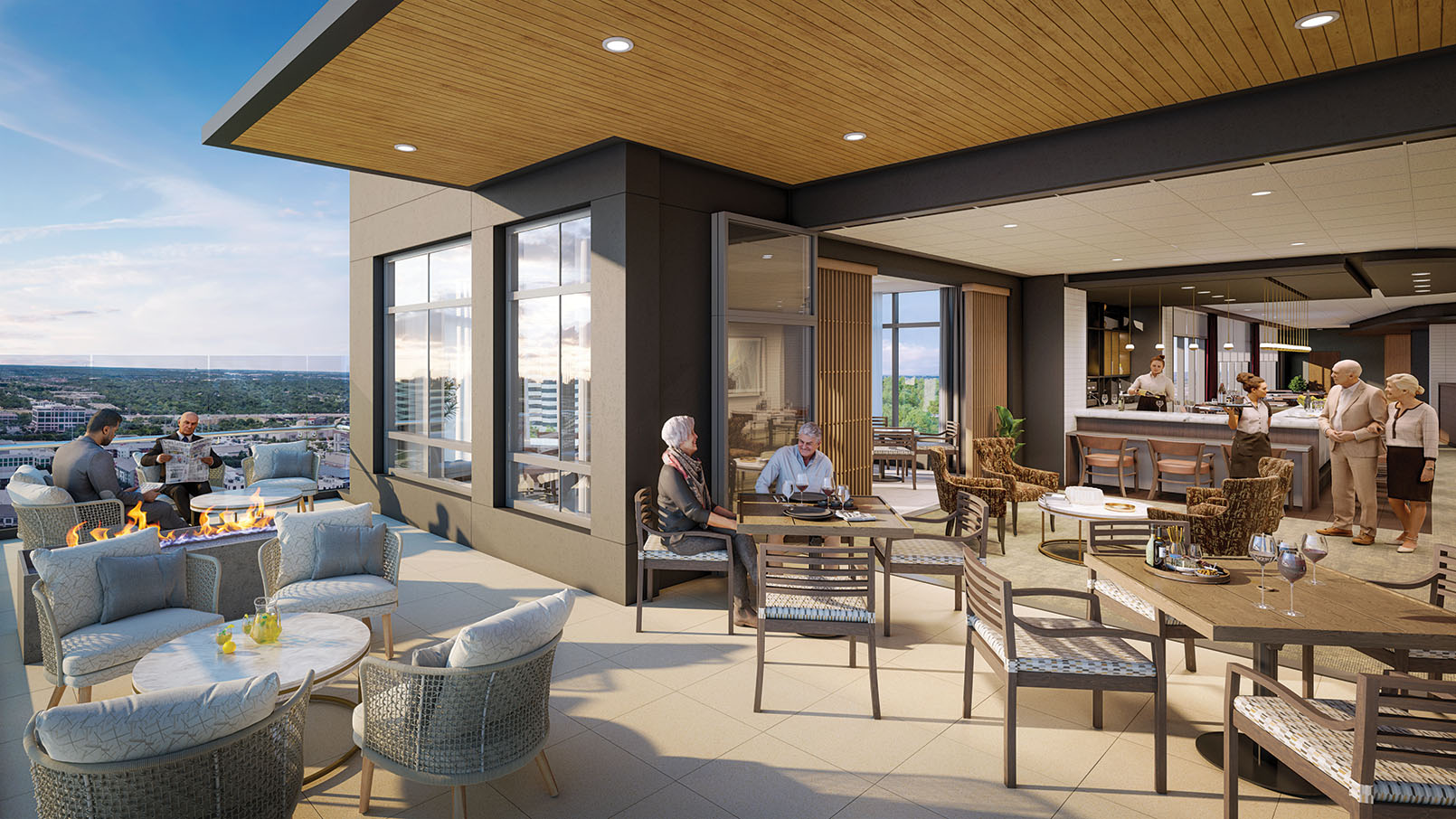Conceptual rendering of a rooftop terrace with outdoor seating and fire pit overlooking the city. Residents enjoy drinks and conversation at tables, while others socialize near an indoor bar area. Modern furniture and a wooden ceiling create a warm, inviting atmosphere.
