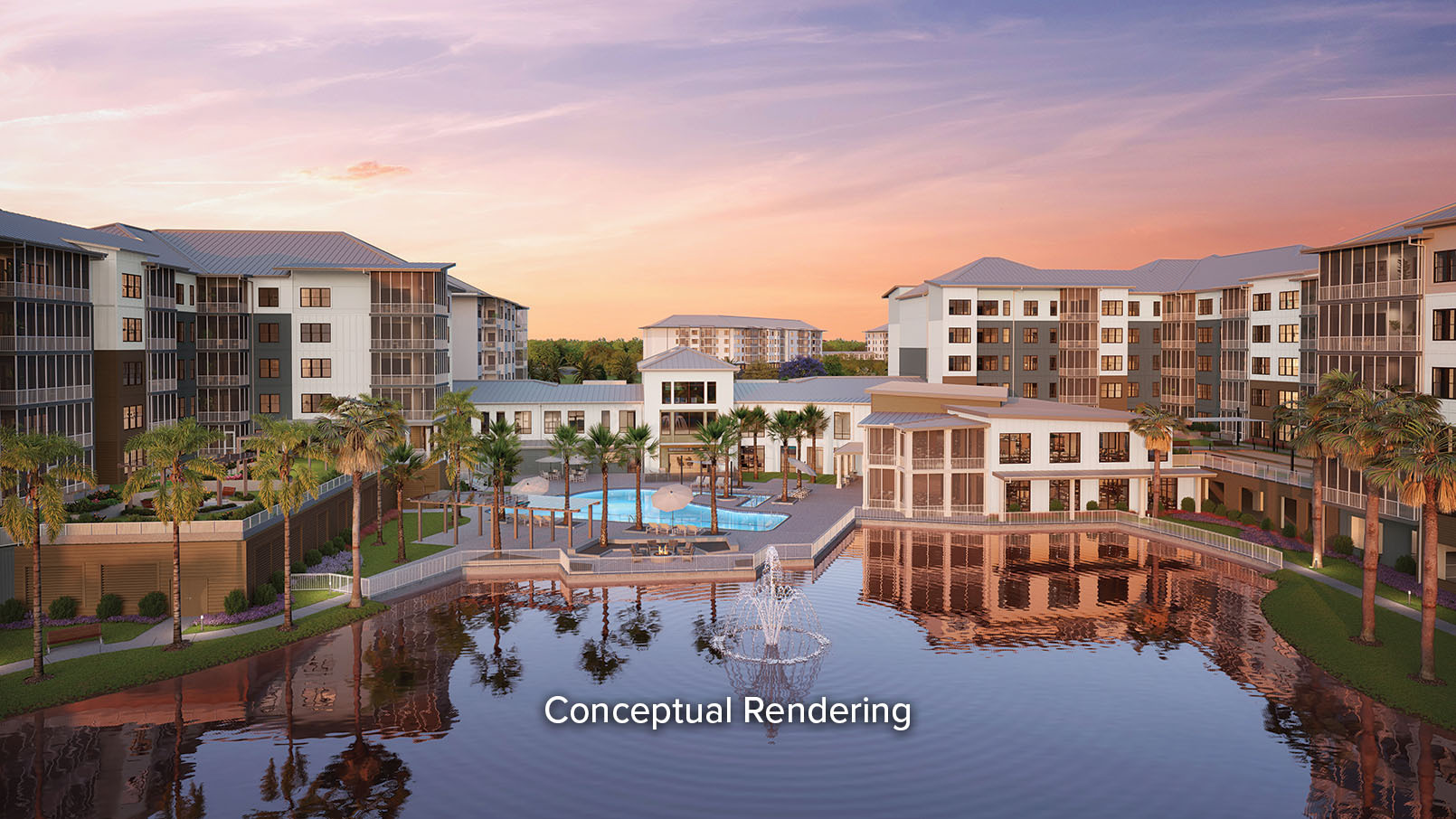 Conceptual rendering of the main entrance of Erickson Senior Living’s Emerson Lakes community in Sarasota, Florida, featuring Mediterranean-inspired architecture, open landscaped grounds with palm trees, and a lake on a sunny day.