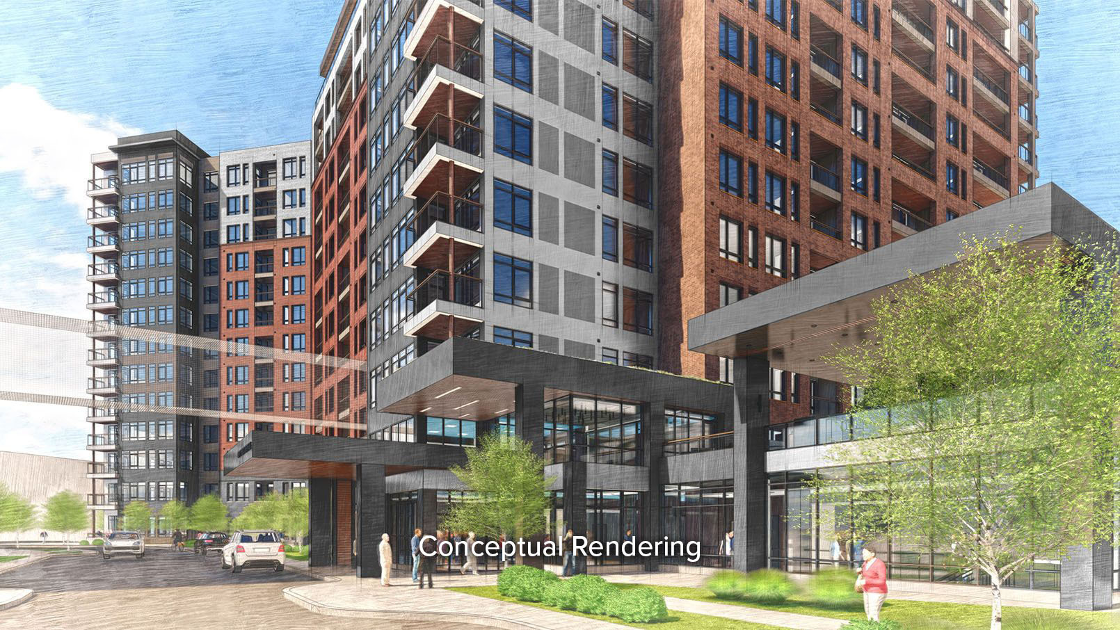 Artistic rendering of the Grandview, a new apartment building in downtown Bethesda for the Erickson Senior Living community, featuring contemporary design.