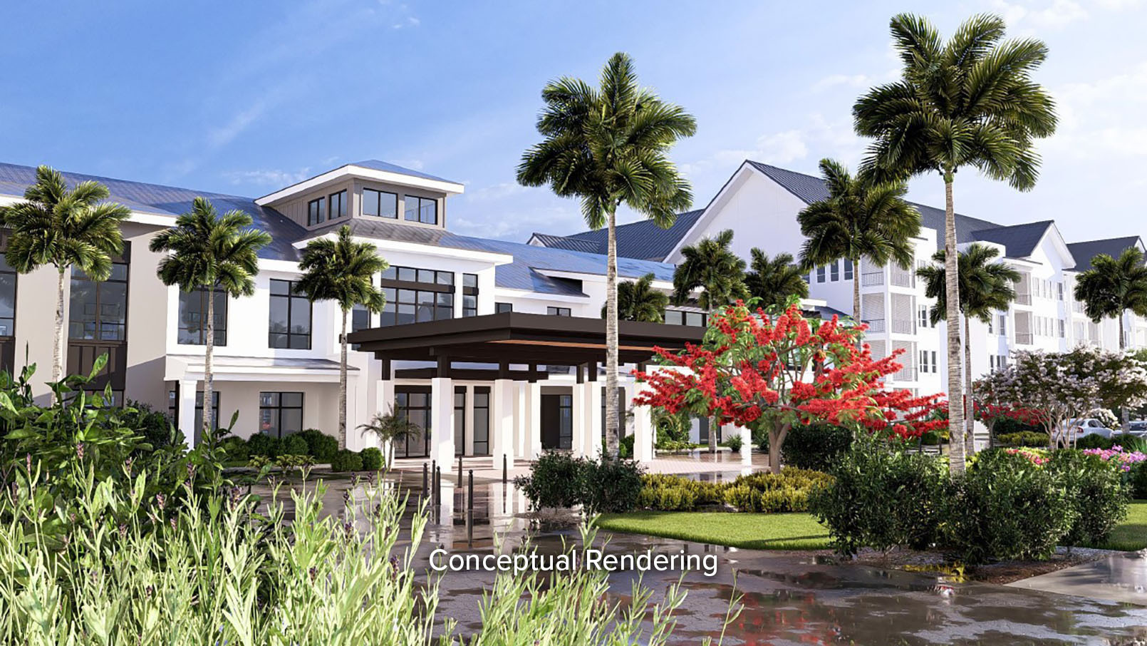 Conceptual rendering of the main entrance of Erickson Senior Living’s future community in Boynton Beach, Florida, showing low-rise Mediterranean-style buildings, covered drive-up areas, lush tropical landscaping, palm trees, and walking paths on a sunny day.