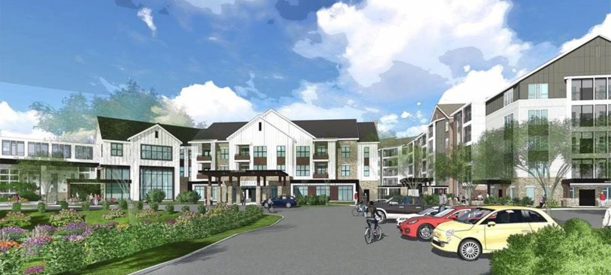 Conceptual rendering of the entrance to Oxford Hills, a new Erickson Senior Living community in Clarksville, Maryland.