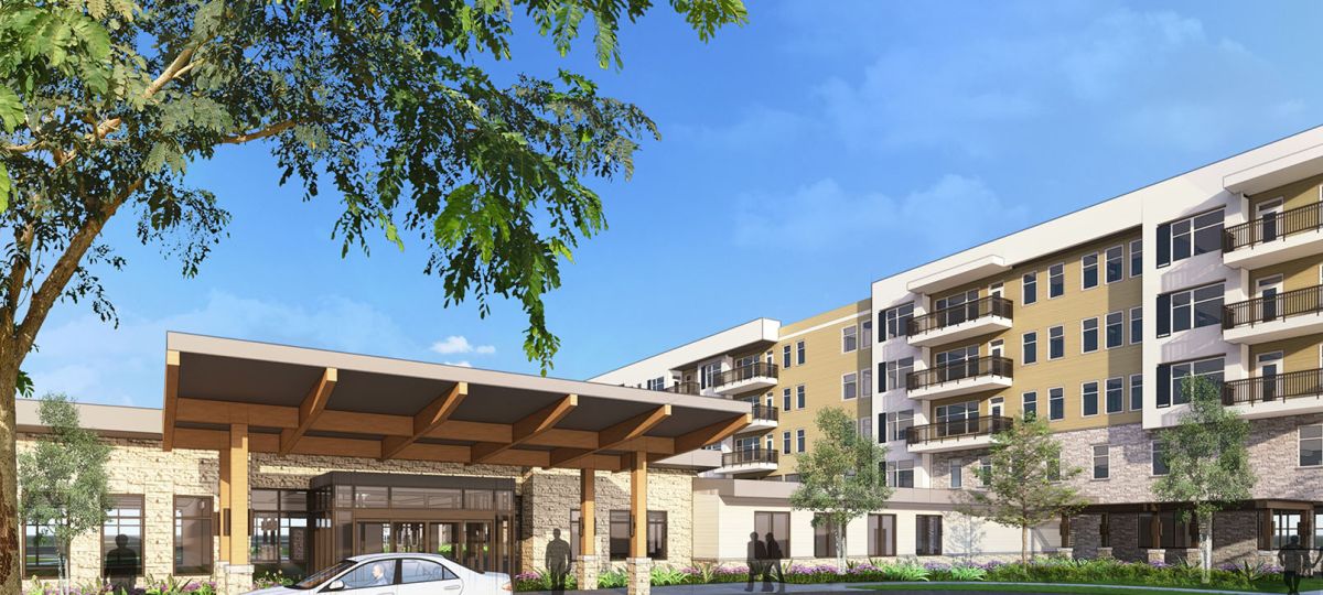 Conceptual rendering of a main entrance of an Erickson Senior Living community in Roseville, California, featuring modern architecture, covered drive-up area, and landscaped surroundings on a sunny day.