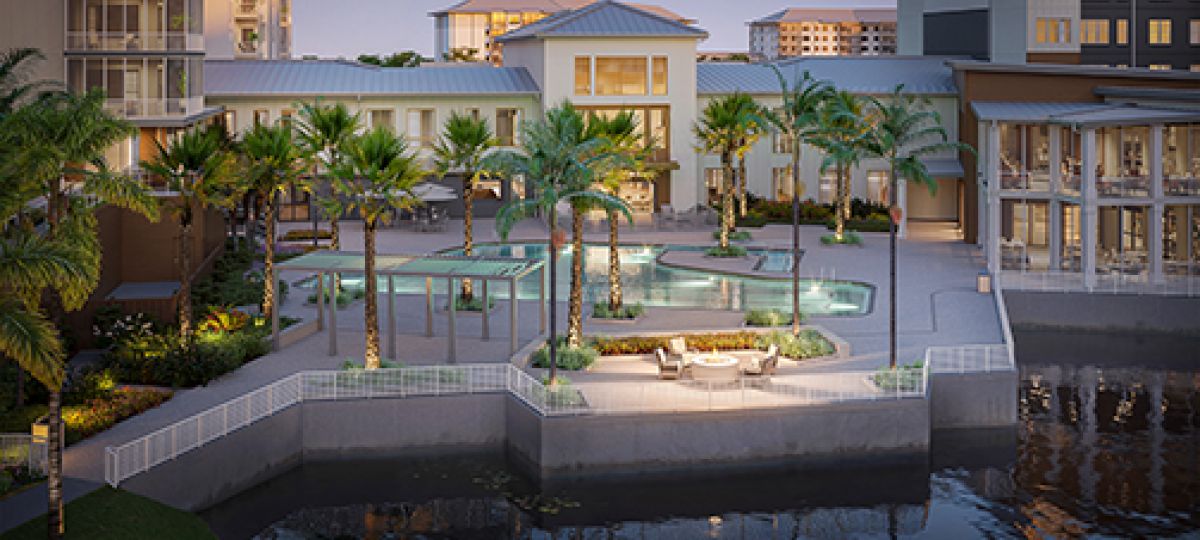 Conceptual rendering of a courtyard entrance of Emerson Lakes, a new planned Erickson Senior Living community in Lakewood Ranch, Florida, featuring modern architecture, pristine fountain pond area, and tropical palm trees landscaped surroundings on a sunny day.