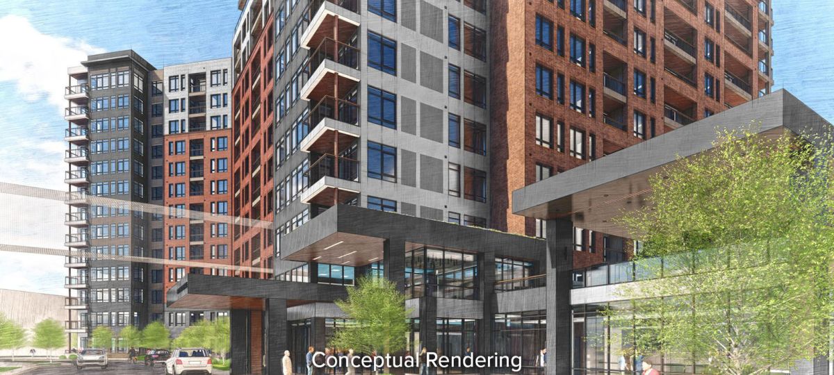 Artistic rendering of the Grandview, a new apartment building in downtown Bethesda for the Erickson Senior Living community, featuring contemporary design.