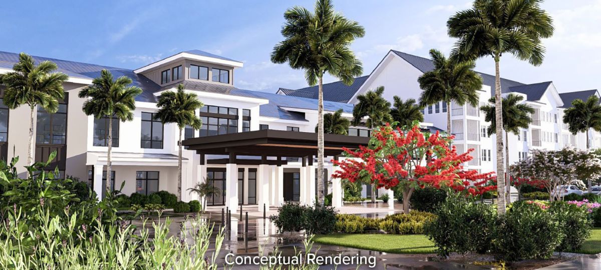 Conceptual rendering of the main entrance of Erickson Senior Living’s future community in Boynton Beach, Florida, showing low-rise Mediterranean-style buildings, covered drive-up areas, lush tropical landscaping, palm trees, and walking paths on a sunny day.