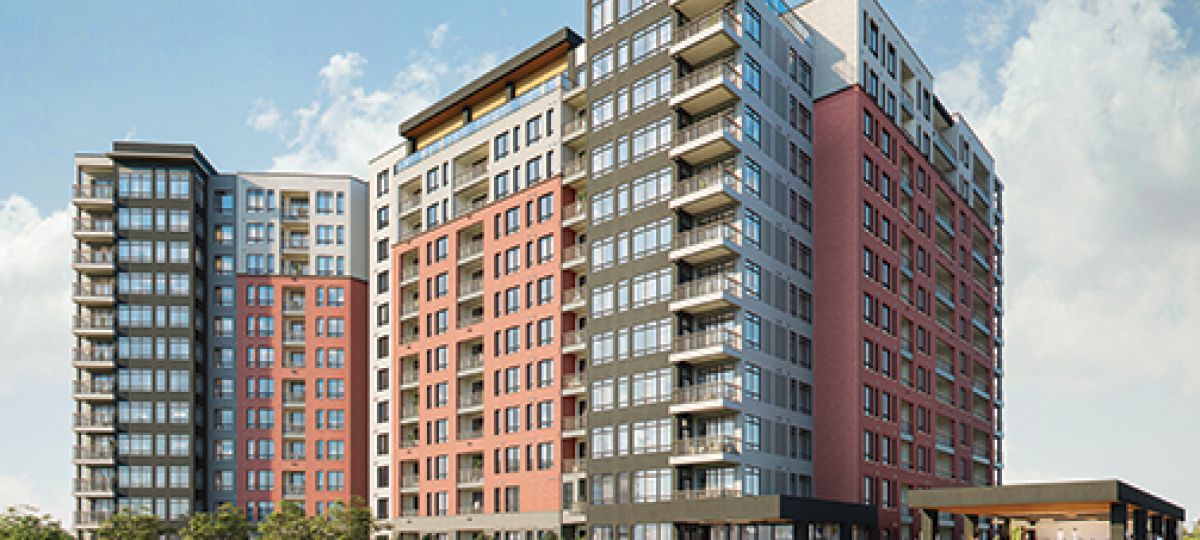 Conceptual rendering of a modern, luxurious high-rise apartment building at The Grandview, Erickson's newest community, located in Bethesda, Maryland.