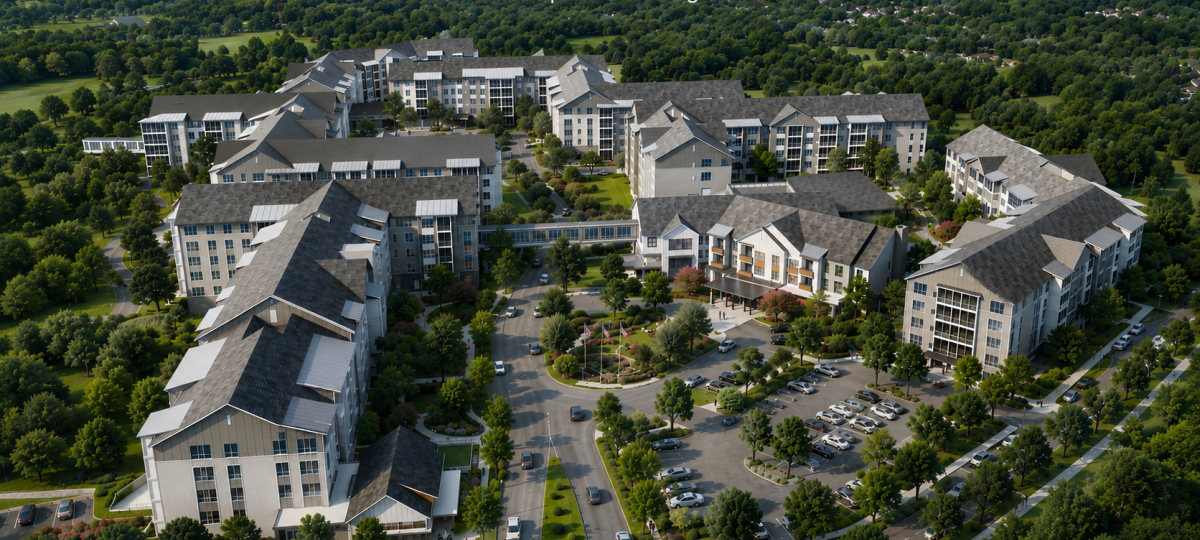 Conceptual aerial rendering of a senior living community with multiple residential buildings, landscaped grounds, roads and parking areas.