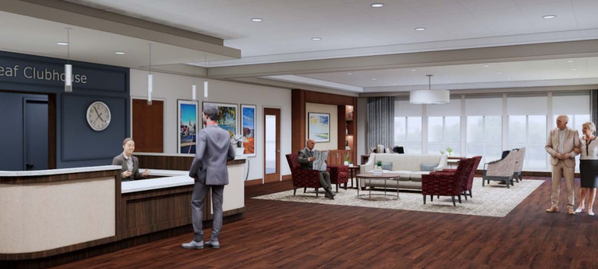 Interior rendering of an Erickson Senior Living community clubhouse lobby with reception desk, seating area, artwork, and large windows.