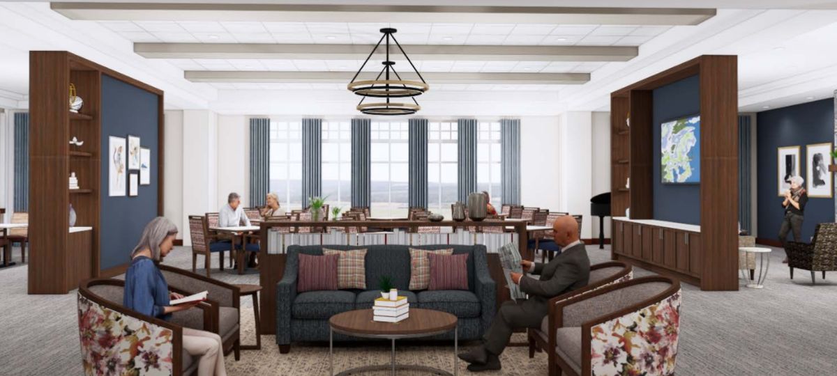 Interior rendering of an Erickson Senior Living community restaurant with dining tables, lounge seating, and large windows overlooking the outdoors.