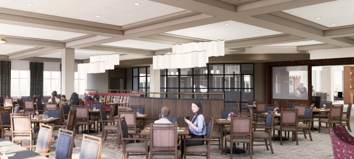 Interior rendering of an Erickson Senior Living community restaurant with dining tables, lounge seating, and large windows overlooking the outdoors.