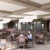 Interior rendering of an Erickson Senior Living community restaurant with dining tables, lounge seating, and large windows overlooking the outdoors.